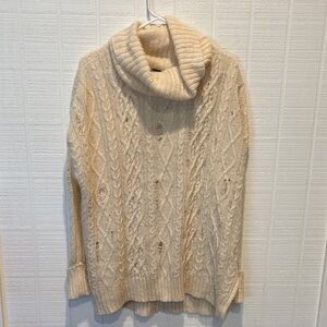 Free People Oversized Cream Cable Knit Turtleneck Sweater